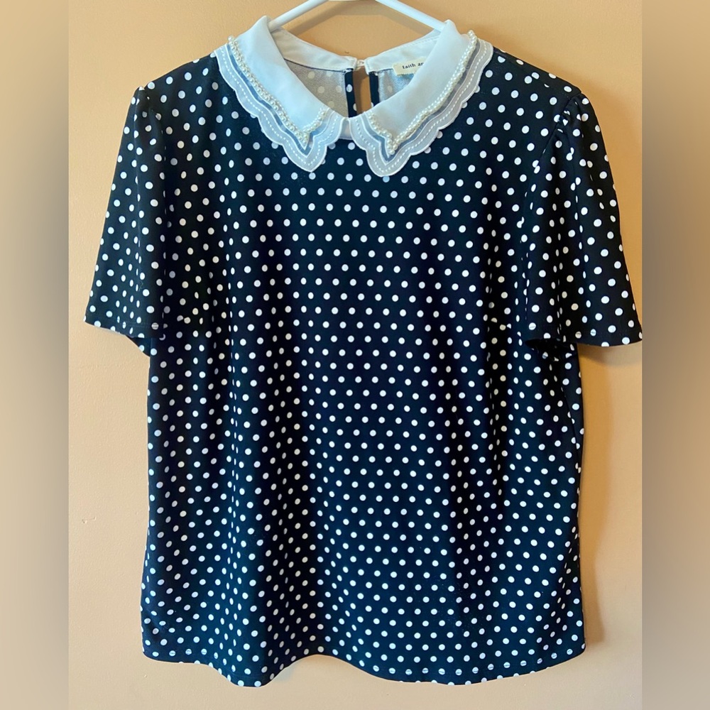 faith and joy by MONTEAU Black and White polka dot, beaded Peter Pan collar Sz M